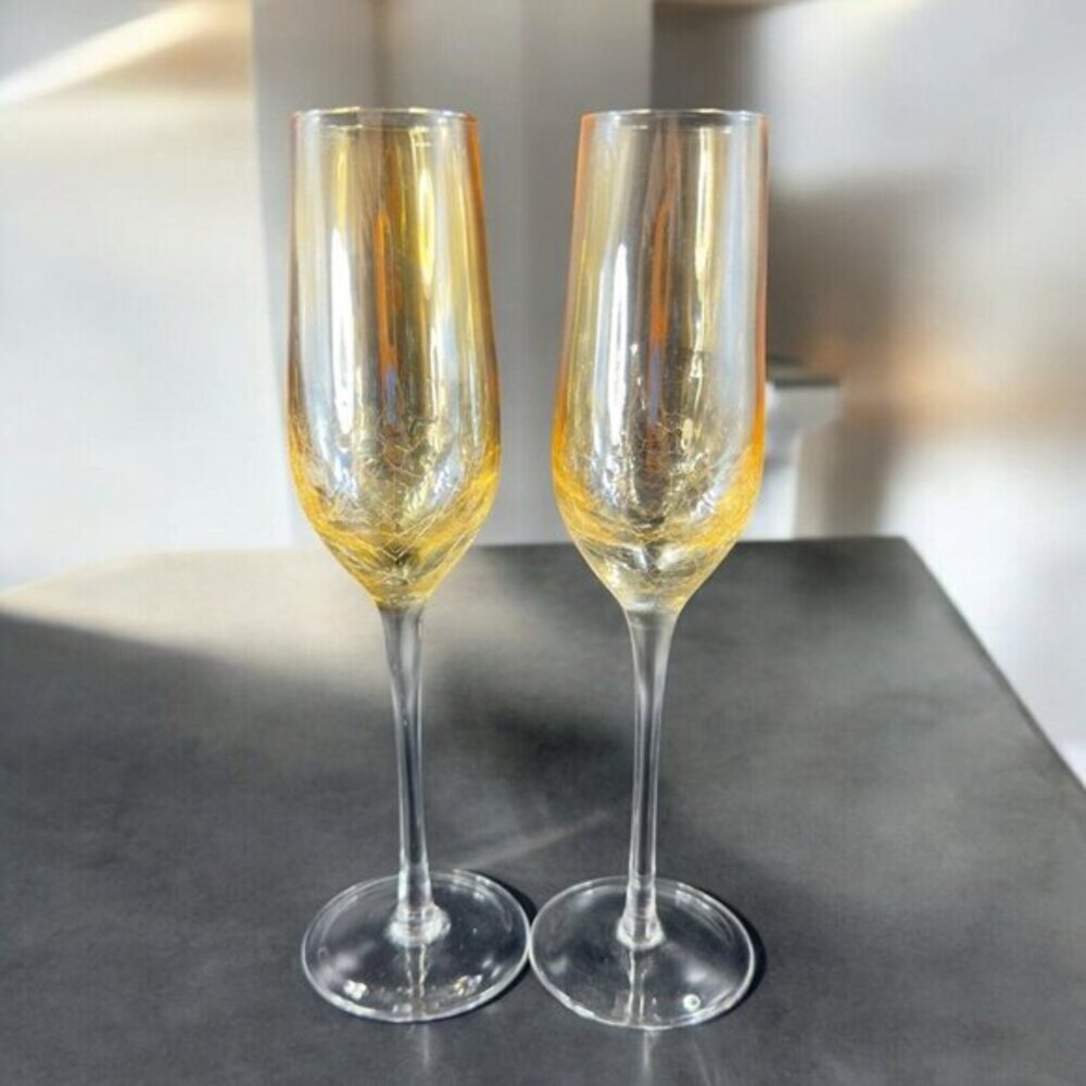 Pier 1 Smokey Yellow Crackle Glass Flute Drinking Glasses Set 2 Clear Bottom
